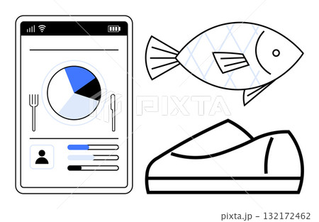 Mobile app displaying nutritional data, whole fish, and gym shoe. Ideal for health and fitness, diet planning, seafood emphasis, tracking apps, nutrition analysis, wellness, and self-improvement Mobile app displaying nutritional data, whole fish, and gym shoe. Ideal for health and fitness, diet planning, seafood emphasis, tracking apps, nutrition analysis, wellness, and self-improvement 132172462