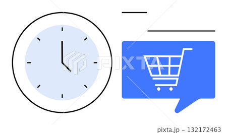 Clock displaying time next to a blue speech bubble with a shopping cart icon. Ideal for e-commerce, business time management, online shopping, efficiency, scheduling, digital marketing, consumer Clock displaying time next to a blue speech bubble with a shopping cart icon. Ideal for e-commerce, business time management, online shopping, efficiency, scheduling, digital marketing, consumer 132172463