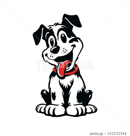 Cute cartoon puppy with black and white fur and red collar, sitting happily on white background, concept of joy, playfulness and pet love 132172542