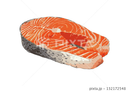 Fresh raw salmon steak slice with skin, realistic hand-drawn style, isolated on white background, concept of seafood and healthy eating 132172548