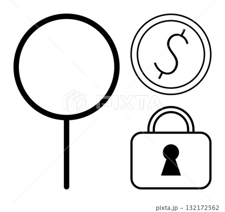 Magnifying glass, coin with dollar sign, padlock with keyhole. Ideal for finance, security, analysis, savings, privacy investigation technology. Line metaphor Magnifying glass, coin with dollar sign, padlock with keyhole. Ideal for finance, security, analysis, savings, privacy investigation technology. Line metaphor 132172562