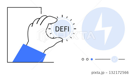Hand holding DEFI coin, lightning bolt icon, and progress bar. Ideal for finance, cryptocurrency, blockchain, fintech, investment trading and innovation themes. Line metaphor 132172566