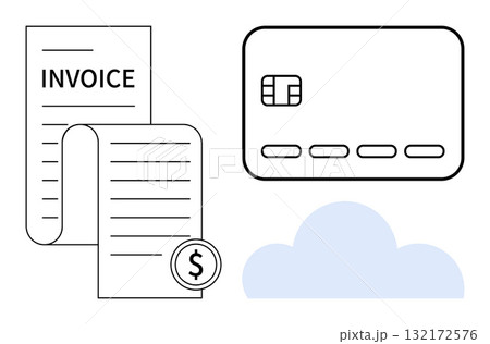 Payment card next to an invoice and receipt with dollar symbol. Cloud element below them. Ideal for online payment, e-commerce, billing, SaaS, accounting, finance budgeting. Line metaphor Payment card next to an invoice and receipt with dollar symbol. Cloud element below them. Ideal for online payment, e-commerce, billing, SaaS, accounting, finance budgeting. Line metaphor 132172576