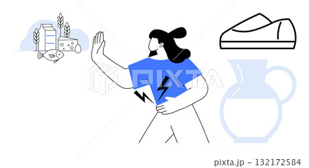 Woman raising hand to avoid allergens including dairy, fish, gluten, specific shoes, and a milk jug. Ideal for allergy awareness, health education, dietary caution, product packaging, medical 132172584