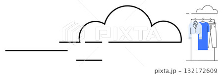 Central cloud outline connected to a clothing rack holding various garments. Ideal for tech, fashion, organization, data storage, digitalization, accessibility, creativity. Line metaphor 132172609