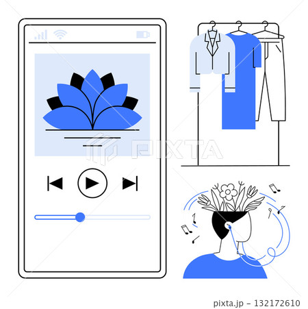Smartphone screen with music app, clothing on a rack, person with headphones enjoying music, floral elements. Ideal for tech, fashion, lifestyle, relaxation, audio apps modern living creativity 132172610