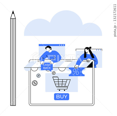 People engaging in online shopping activities, while one holds a cashback sign and the other assembles a discount puzzle piece. Ideal for e-commerce, sales promotion, digital marketing, customer People engaging in online shopping activities, while one holds a cashback sign and the other assembles a discount puzzle piece. Ideal for e-commerce, sales promotion, digital marketing, customer 132172611