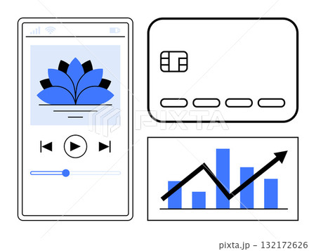 Mobile music player interface, credit card, and upward bar graph. Ideal for finance, technology, mobile apps, online banking, digital payments data analytics and business growth. Line metaphor Mobile music player interface, credit card, and upward bar graph. Ideal for finance, technology, mobile apps, online banking, digital payments data analytics and business growth. Line metaphor 132172626