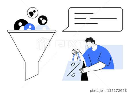 Funnel filtering user icons into conversion, person holding shopping bag with discount symbol, and text bubble. Ideal for marketing, sales, customer journey, e-commerce, analytics, user acquisition 132172638