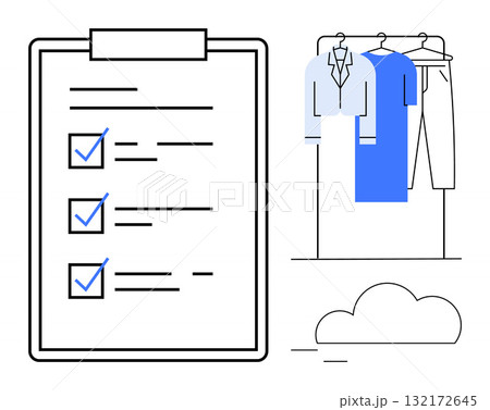 Task checklist with three check marks next to wardrobe with hanging suit, shirt, pants under a cloud. Ideal for productivity, task management, organization, wardrobe planning, minimalism, goal Task checklist with three check marks next to wardrobe with hanging suit, shirt, pants under a cloud. Ideal for productivity, task management, organization, wardrobe planning, minimalism, goal 132172645
