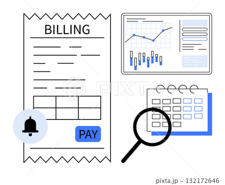 Billing receipt with PAY button, financial chart with bar and line graphs, magnifying glass, calendar with dates. Ideal for budgeting, financial planning, billing, payment reminders, expense 132172646