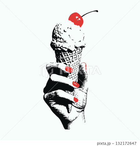 Stylized hand gripping ice cream cone topped with cherry, bold monochrome style, red nails, on light background, concept of summer treat Stylized hand gripping ice cream cone topped with cherry, bold monochrome style, red nails, on light background, concept of summer treat 132172647