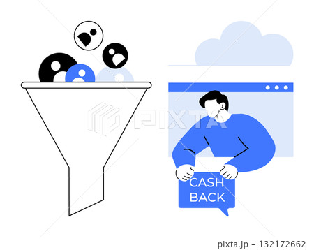 A funnel sifting people icons next to a person in a web window holding a cash back sign. Ideal for marketing customer acquisition incentive programs online shopping and business strategies. Clean A funnel sifting people icons next to a person in a web window holding a cash back sign. Ideal for marketing customer acquisition incentive programs online shopping and business strategies. Clean 132172662