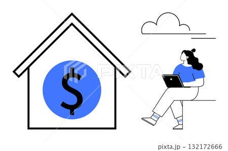 Woman working on laptop beside house icon with dollar sign, blue accents. Ideal for financial consulting, remote work, home office, real estate planning, financial independence, budget management 132172666