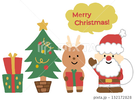 可愛いサンタさんとトナカイとクリスマスツリーのイラスト 132172828