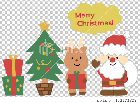 可愛いサンタさんとトナカイとクリスマスツリーのイラスト 132172828
