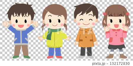 冬服を着た4人の可愛い子供たちのアイコンイラスト 132172830