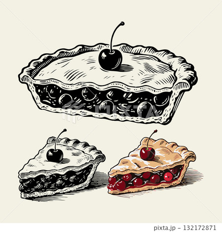 Cherry pie and slices illustrated in hand-drawn engraved style on light cream background, concept of vintage dessert and bakery artwork Cherry pie and slices illustrated in hand-drawn engraved style on light cream background, concept of vintage dessert and bakery artwork 132172871