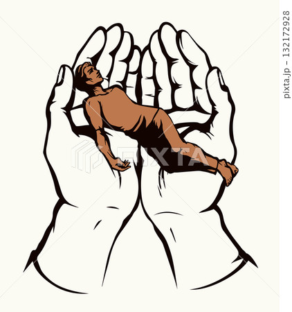 The exhausted man in praying hands. Vector drawing The exhausted man in praying hands. Vector drawing 132172928