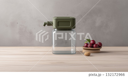Minimal glass dispenser bottle on wooden table with small bowl of fruit and copy space 132172966