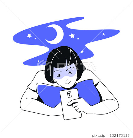 Woman Watching Smartphone at Night - colorful flat design illustration 132173135