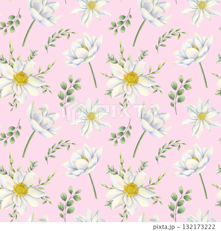 White flowers and eucalyptus branches seamless watercolor pattern on pink background. Blooming lotus and green leaves ornament illustration for packaging, textile design, wedding decor. White flowers and eucalyptus branches seamless watercolor pattern on pink background. Blooming lotus and green leaves ornament illustration for packaging, textile design, wedding decor. 132173222