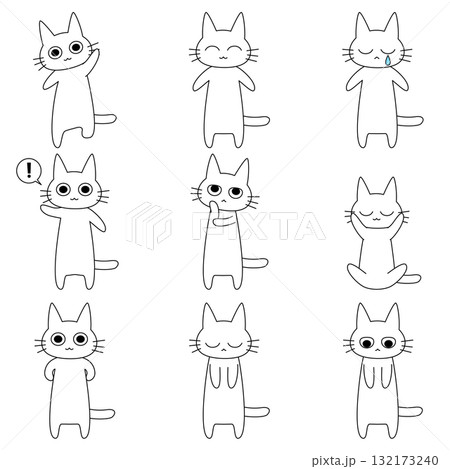 色々な感情とポーズの白猫セットイラスト、シンプルでかわいいキャラクター 132173240