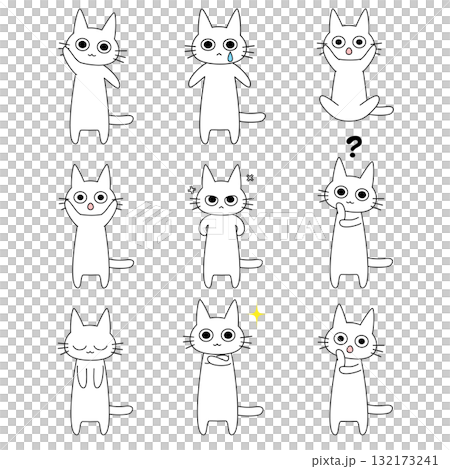 表達情緒的白貓角色的姿勢集 | 貓，面部表情，情感，可愛，角色 132173241