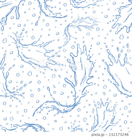 Vector blue water splash silhouettes with drops seamless pattern. Dynamic flowing water curves with bubbles line ink isolated illustration for packaging, textile, beauty design Vector blue water splash silhouettes with drops seamless pattern. Dynamic flowing water curves with bubbles line ink isolated illustration for packaging, textile, beauty design 132173246