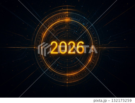 黄金の光が輝く円形テクノロジーデザイン2026の抽象背景 132173259