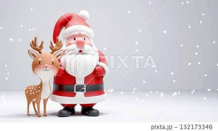 3D cartoon image of Santa Claus and a deer. Christmas design for banner, flyer with with copy space. 132173346
