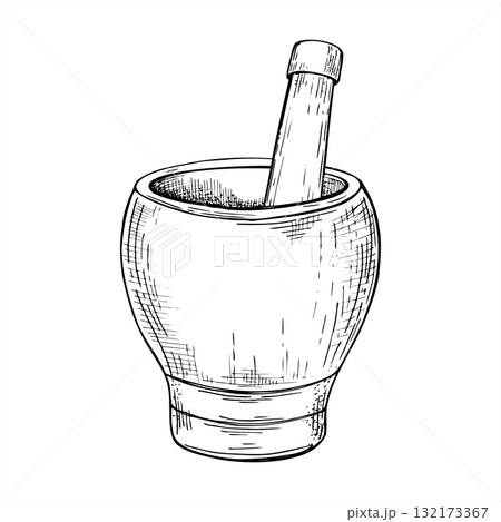 Empty wooden mortar with pestle vector isolated illustration painted by black inks. Etching drawing of kitchenware for grinding spices, herbs. Grind in bowl for cook book, homeopathic recipe decor Empty wooden mortar with pestle vector isolated illustration painted by black inks. Etching drawing of kitchenware for grinding spices, herbs. Grind in bowl for cook book, homeopathic recipe decor 132173367
