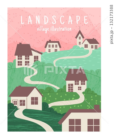 Village landscape. Cute tiny houses. Agricultural field, countryside background, rural poster print or banner. Notebook cover, pink sky green grass. Vector cartoon flat style isolated illustration 132173388