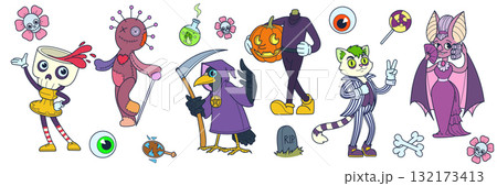 Groovy Halloween. Cartoon retro character. Cute monster. Funny vintage horror holiday. Psychedelic mascot. Spooky accessory. Animal with magic potion. Pumpkin Jack. Vector scary fairytale elements set 132173413