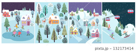 Christmas winter card. Xmas landscape, snow tree, deer. Night holiday. Cold season postcard. New year poster design. Cartoon cure home. Ski resort, people skating. Vector flyer isolated illustration 132173414