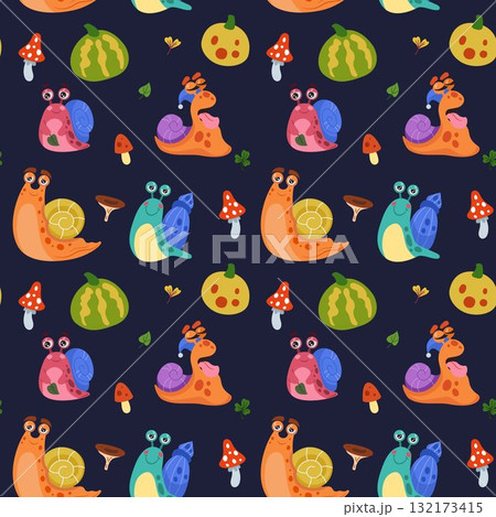 Autumn pattern. Mushrooms, snails, cute nature. Childrens forest print. Animal, floral, escargot of Spring. Decor textile, wrapping paper, wallpaper. Vector seasonal seamless tidy cartoon illustration 132173415