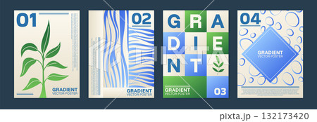 Modern design poster. Art background. Gradient futuristic style and nature pattern. Abstract geometric print. Bright shape. Water wave. Plant leaves. Wet bubbles. Vector typography garish layouts set Modern design poster. Art background. Gradient futuristic style and nature pattern. Abstract geometric print. Bright shape. Water wave. Plant leaves. Wet bubbles. Vector typography garish layouts set 132173420
