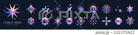 Star holographic. Y2K icon. Starlight glow. Glitter sticker. Geometric shape. Gradient metal design. Glossy fluid chrome. Cosmic stardust. Abstract silver figures set. Vector sparkle garish hologram 132173421