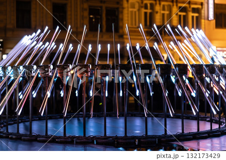 The fascinating night scene captures a modern light installation that dominates the space with a futuristic aesthetic and consists  132173429