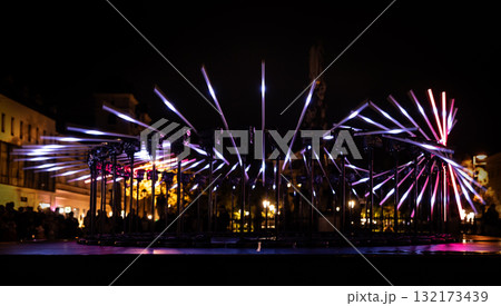 The fascinating night scene captures a modern light installation that dominates the space with a futuristic aesthetic and consists  132173439