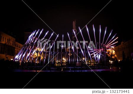 The fascinating night scene captures a modern light installation that dominates the space with a futuristic aesthetic and consists  132173441