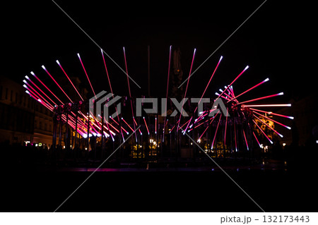 The fascinating night scene captures a modern light installation that dominates the space with a futuristic aesthetic and consists  132173443