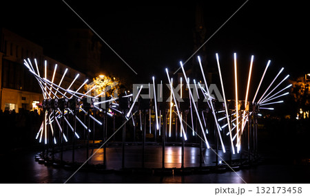 The fascinating night scene captures a modern light installation that dominates the space with a futuristic aesthetic and consists  132173458