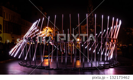 The fascinating night scene captures a modern light installation that dominates the space with a futuristic aesthetic and consists  132173462