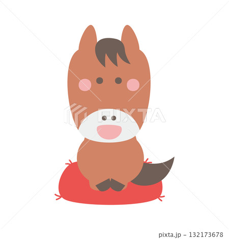 座布団に座っているかわいい馬のキャラクターイラスト素材 132173678