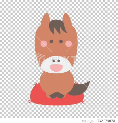 座布団に座っているかわいい馬のキャラクターイラスト素材 132173678
