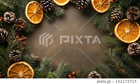 Christmas pine frame with oranges and pinecones on dark rustic background. Christmas decor and craftwork, eco friendly, sustainable concept. 132173713