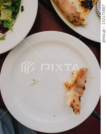 Last slice of pizza resting on white plate, surrounded by colorful salad and full pizza platter, creating inviting scene of finished meal at bustling restaurant table. Lone pizza crust on white plate Last slice of pizza resting on white plate, surrounded by colorful salad and full pizza platter, creating inviting scene of finished meal at bustling restaurant table. Lone pizza crust on white plate 132173807