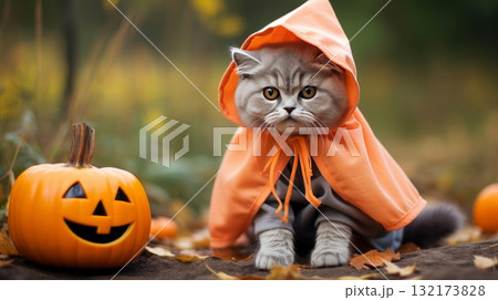 Adorable cat in an orange hooded cape sits next to a jack-o'-lantern in an autumn forest. Halloween theme with cute pet and pumpkin outdoors Adorable cat in an orange hooded cape sits next to a jack-o'-lantern in an autumn forest. Halloween theme with cute pet and pumpkin outdoors 132173828