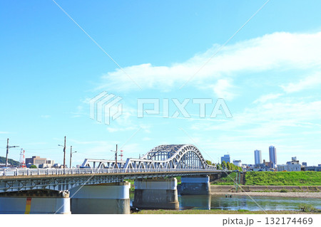 岐阜県岐阜市、忠節橋と岐阜駅前高層ビル群の風景 岐阜県岐阜市、忠節橋と岐阜駅前高層ビル群の風景 132174469